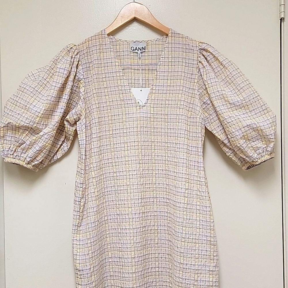 GANNI | Seersucker Pastel Checkered Puffy Sleeve Midi Dress EU 36 - Picture 2 of 14
